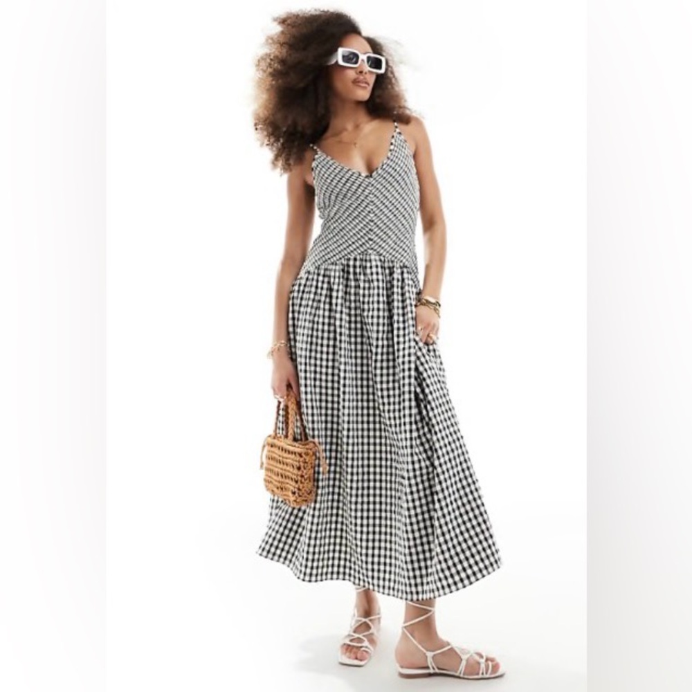 ASOS Design Smocked Crinkle Gingham Midi Sundress / Size L